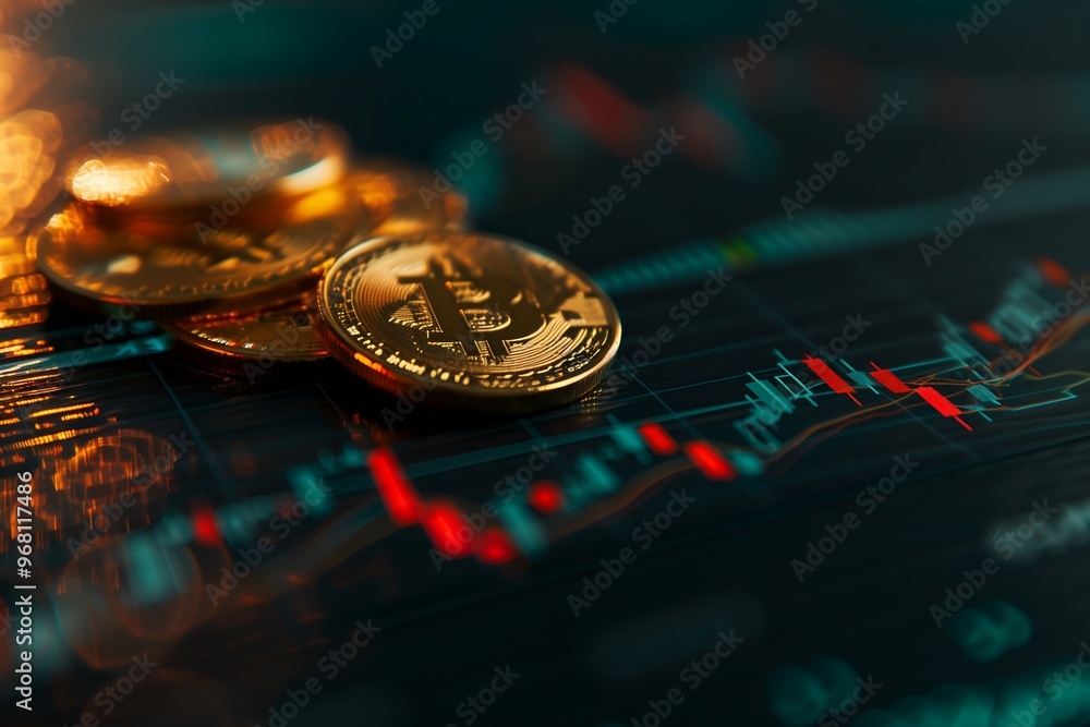 Gold Coins with Bitcoin Logo on Trading Chart Background. Gold Coins with Bitcoin Logo on Trading Chart Background.