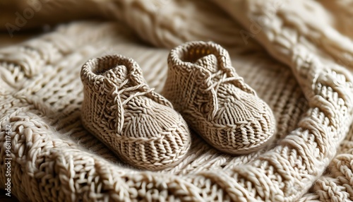 Delicate baby shoes nestled in a cozy chunky knit blanket, creating a heartwarming scene in warm, neutral tones photo