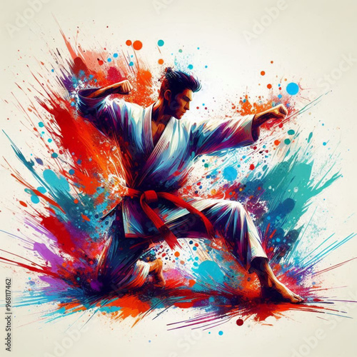 Dynamic martial artist executing a powerful move with colorful energy

