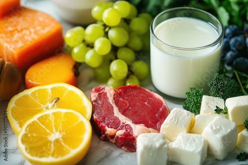 Fototapeta Naklejka Na Ścianę i Meble -  Healthy eating concept showing variety of nutritious food including meat, fruits, vegetables, and dairy products