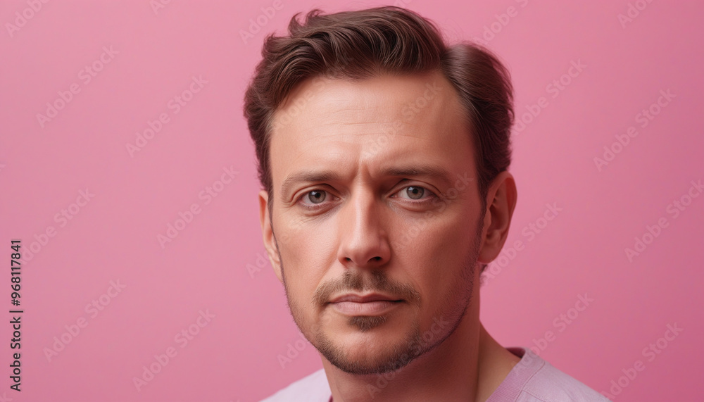 Fototapeta premium Portrait adulte homme brun employé fatigué déprimé fond rose entretien embauche.