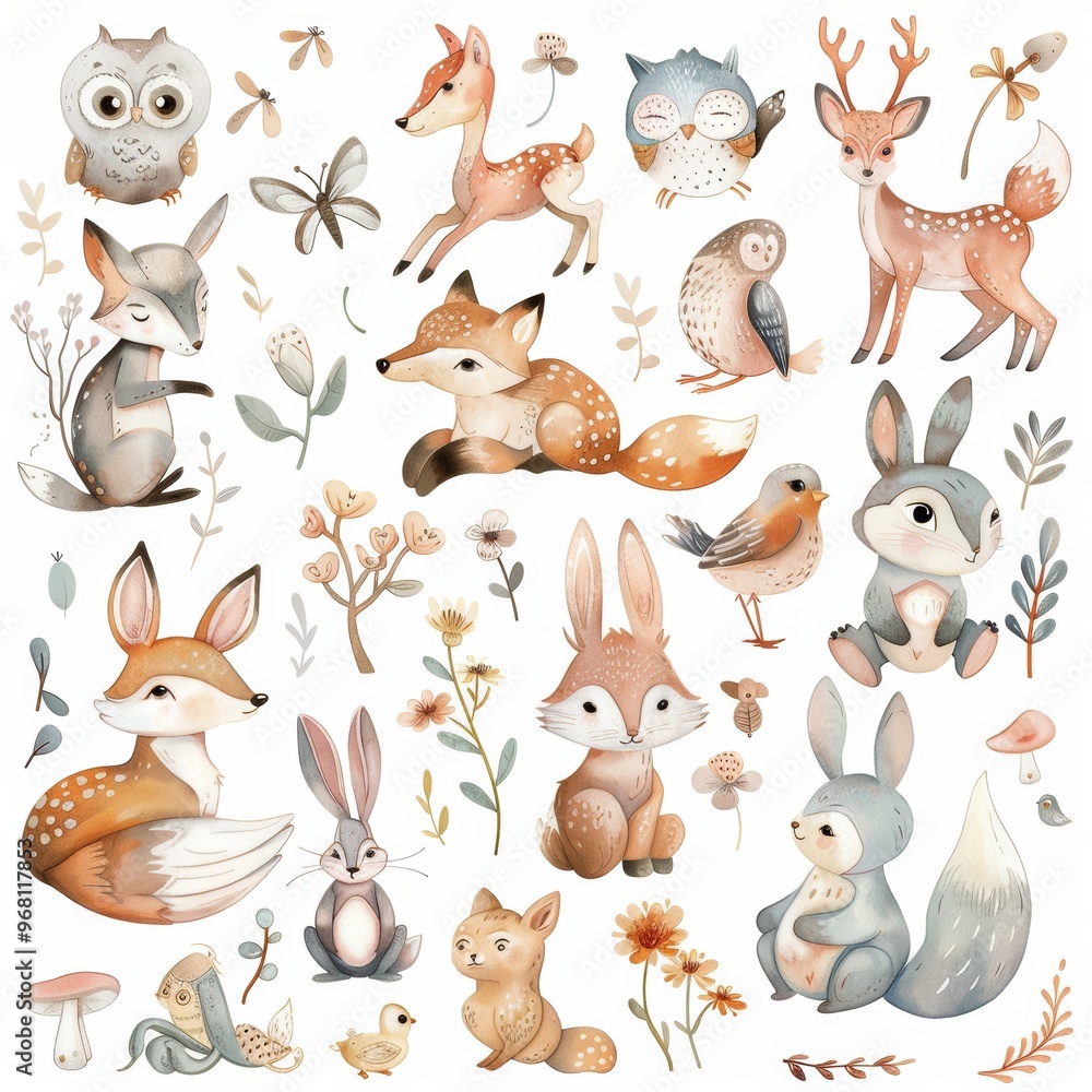 A sticker sheet featuring a variety of forest animals, including foxes, deer, owls, and rabbits A sticker sheet featuring a variety of forest animals, including foxes, deer, owls, and rabbits