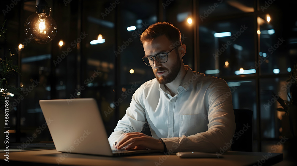 Businessman working on a laptop at a modern office, typing and surfing the internet Businessman working on a laptop at a modern office, typing and surfing the internet