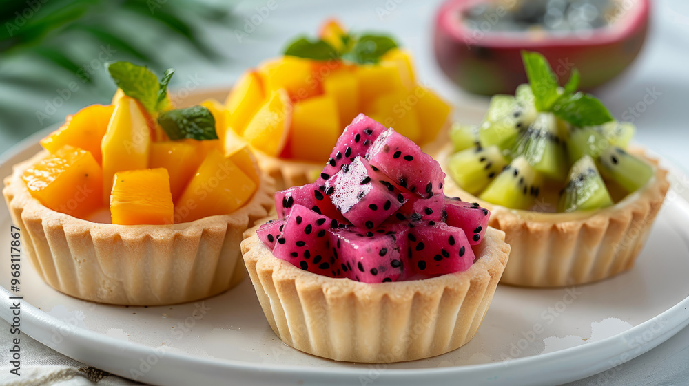 Assorted fruit tarts on a white plate with tropical fruits. Assorted fruit tarts on a white plate with tropical fruits.