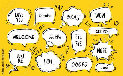 Set of speech bubbles. Doodle stickers and clouds with various inscriptions and text. Frames for quotes and messages. Design for social networks. Hand drawn vector illustration isolated on background