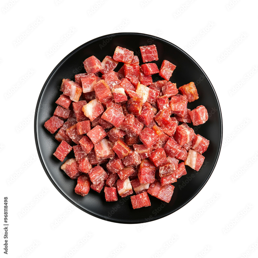 Close-up of Diced Cooked Bacon on Black Plate Close-up of Diced Cooked Bacon on Black Plate