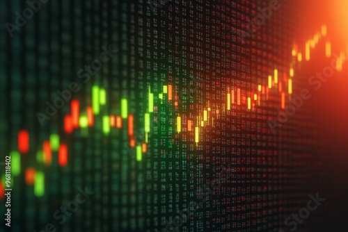 Stock market graph with green and red candlestick chart on a digital screen, symbolizing trading analysis, investment strategies, and financial data in a technology-driven environment.