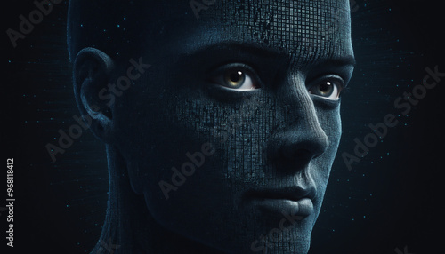 Illustration 3D bleu visage portrait humain IA robot données cyber sécurité informatique business Internet réseau.