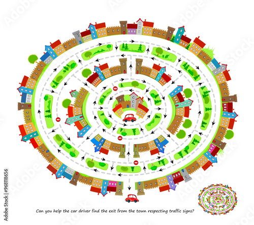 Best labyrinths. Can you help the car driver find the exit from the town respecting traffic signs? Logic puzzle game. Brain teaser book with maze. Flat vector illustration.