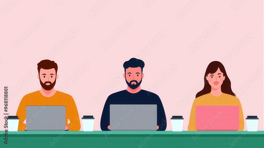 Team of three working on laptops at a desk with coffee Team of three working on laptops at a desk with coffee