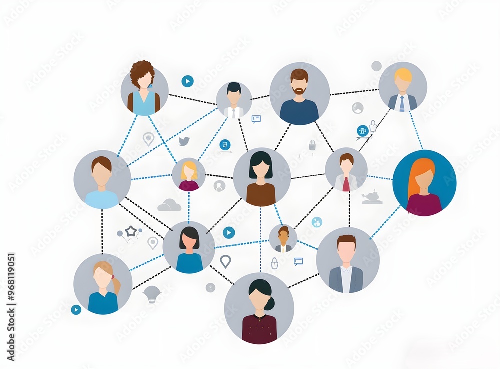 illustration of social network connections between people and their connections to each other. Circle shapes, corner in a blue text box. In a minimalist style and using vector graphics and flat design illustration of social network connections between people and their connections to each other. Circle shapes, corner in a blue text box. In a minimalist style and using vector graphics and flat design