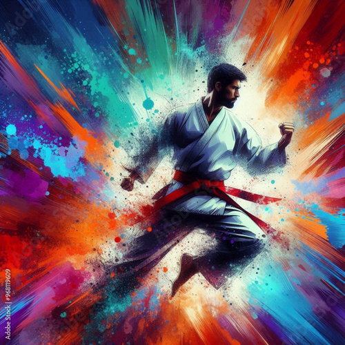 Dynamic martial artist executing a powerful move with colorful energy


