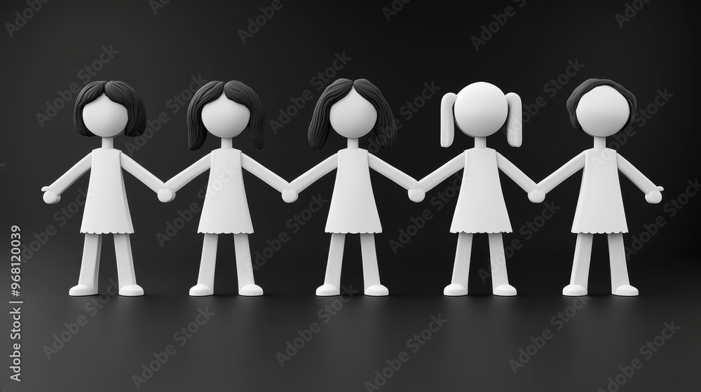 Stylized figures of girls holding hands symbolizing friendship, unity, and teamwork on a dark background. Stylized figures of girls holding hands symbolizing friendship, unity, and teamwork on a dark background.