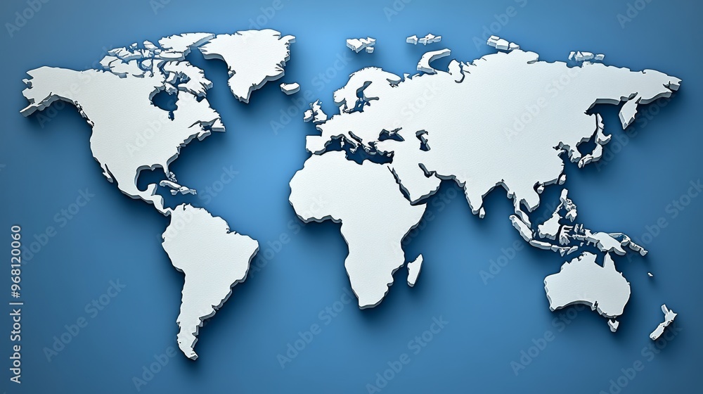 Stylized world map illustration on a blue background, perfect for educational materials, travel themes, or global topics. Stylized world map illustration on a blue background, perfect for educational materials, travel themes, or global topics.
