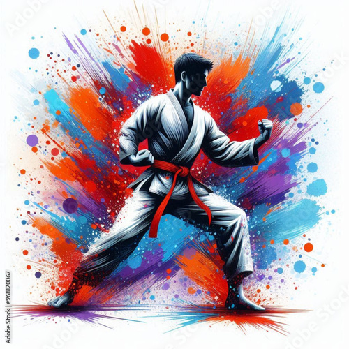 Dynamic martial artist executing a powerful move with colorful energy

