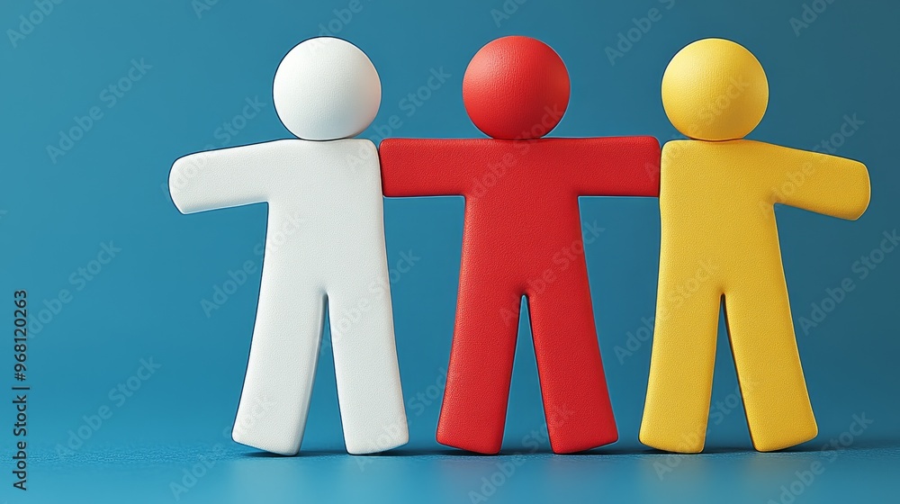 Three colorful figurines standing together on a blue background, symbolizing diversity, unity, and community support. Three colorful figurines standing together on a blue background, symbolizing diversity, unity, and community support.