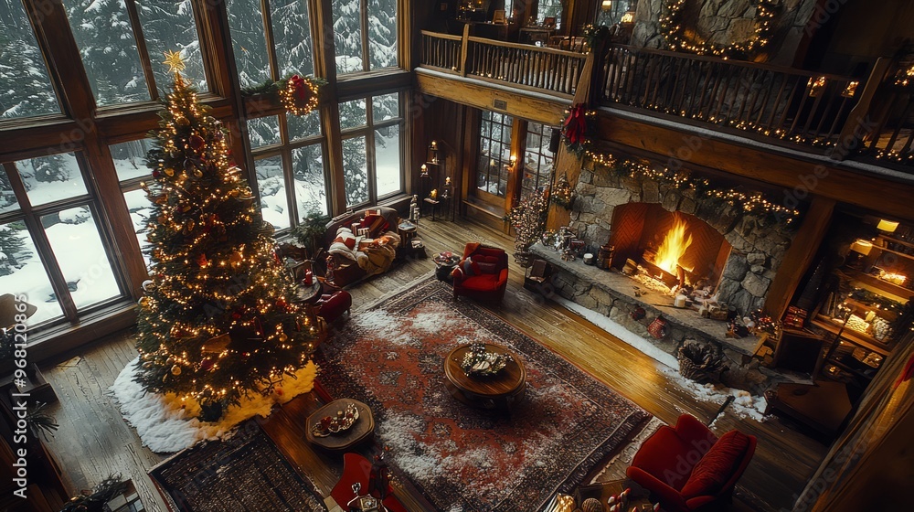 Decorated christmas tree is illuminating a cozy living room in a log cabin with a fireplace, snowy forest visible through large windows Decorated christmas tree is illuminating a cozy living room in a log cabin with a fireplace, snowy forest visible through large windows