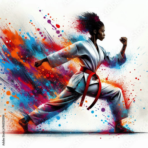 Dynamic martial artist executing a powerful move with colorful energy

