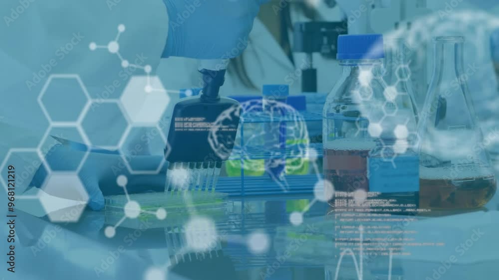 Animation of chemical formula and data processing over scientists doing experiment Animation of chemical formula and data processing over scientists doing experiment