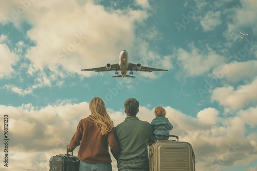 Family with a child, viewed from the back, with suitcases nearby and a plane in the sky. Сoncept of family travel, relocation and immigration.