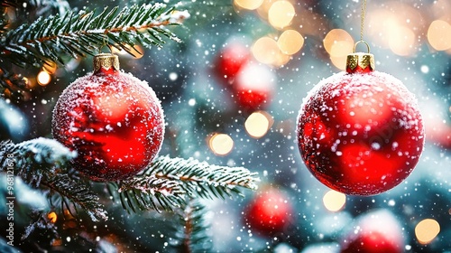 Red christmas baubles hanging on a snowy christmas tree branch