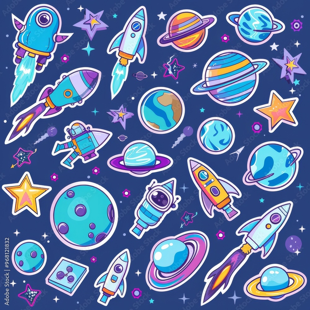 A sticker sheet featuring a variety of space-themed icons, including planets, rockets, stars, and astronauts A sticker sheet featuring a variety of space-themed icons, including planets, rockets, stars, and astronauts