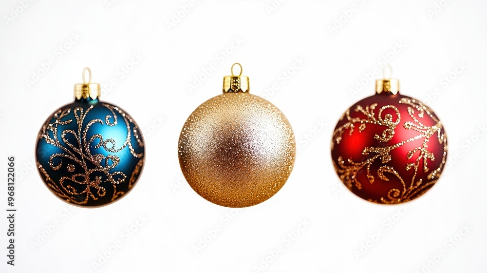 Three christmas baubles hanging with golden bokeh lights in background Three christmas baubles hanging with golden bokeh lights in background