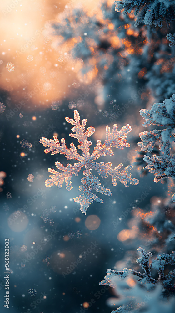 Close-Up of Sparkling Snowflakes with Warm Bokeh Lights, Frosty Winter Scene, Elegant Christmas Background Close-Up of Sparkling Snowflakes with Warm Bokeh Lights, Frosty Winter Scene, Elegant Christmas Background