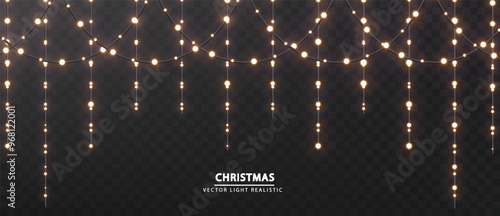 Christmas sparkling garland. Bright lights isolated on dark background. Vector realistic shining garland template for party, carnival, Christmas, birthday or presentation.