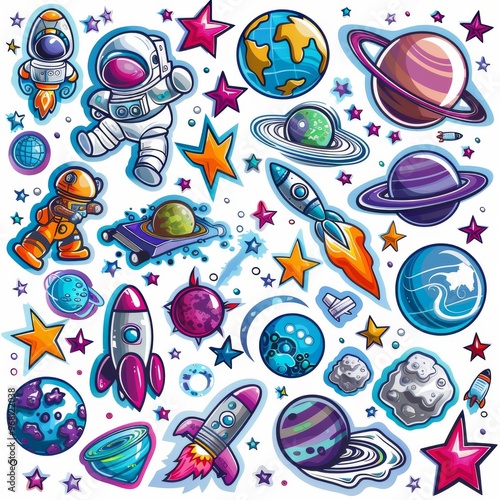 A sticker sheet featuring a variety of space-themed icons, including planets, rockets, stars, and astronauts