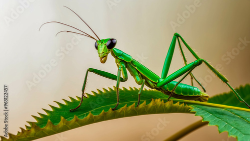 Wallpaper Mural A bright green praying mantis perched on a leaf in a studio setting, captured in high detail Torontodigital.ca
