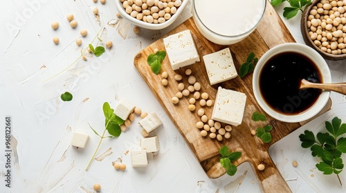 Wallpaper Mural Diverse soy products like soybean, tofu, soy sauce, and soy milk on a light surface. Overhead view with space for text. Torontodigital.ca