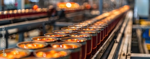 A production line in a canned food factory, with rows of sealed cans moving along a conveyor belt under industrial lighting. Free copy space for banner.