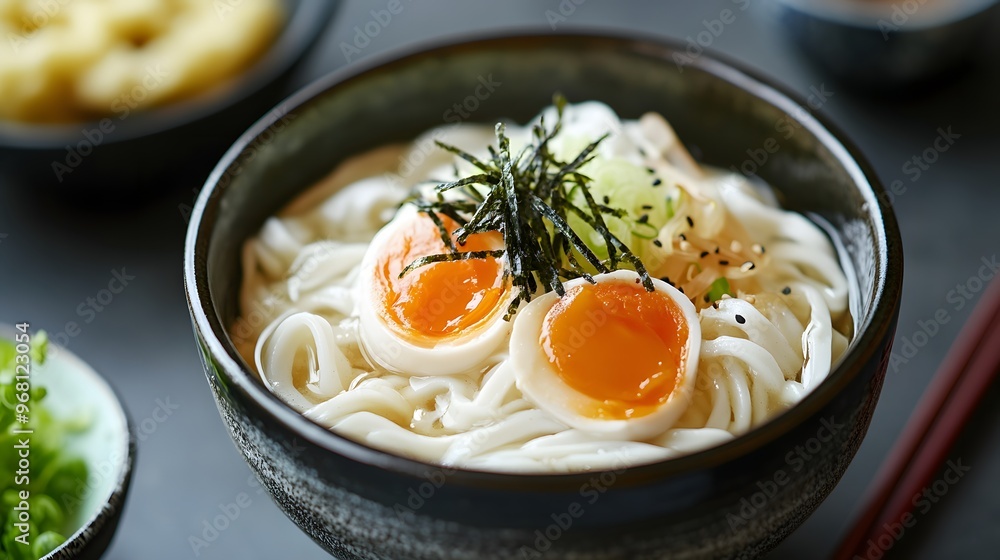 Delicious ramen bowl with soft-boiled eggs and seaweed garnish Delicious ramen bowl with soft-boiled eggs and seaweed garnish
