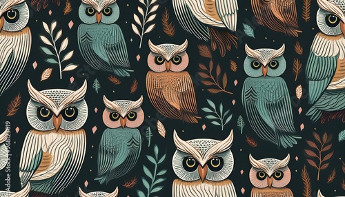 Owl Motifs- Illustrated seamless patterns featuring owls, branches, and other woodland elements, for textiles, home decor, or stationery
 photo