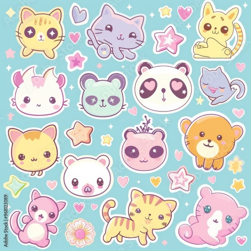 A sticker sheet featuring a variety of cute animals, including cats, pandas, and sloths