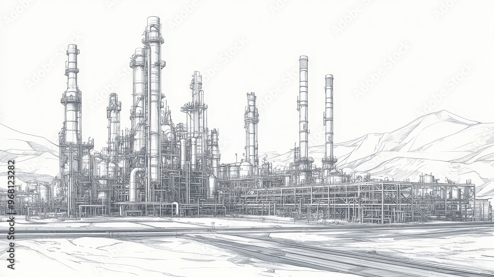 Hand-Drawn Sketch of an Industrial Refinery Hand-Drawn Sketch of an Industrial Refinery