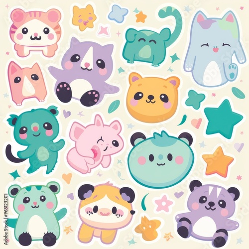 A sticker sheet featuring a variety of cute animals, including cats, pandas, and sloths