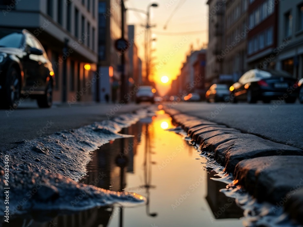 Sunrise Reflected in a Puddle on a Quiet City Street Sunrise Reflected in a Puddle on a Quiet City Street