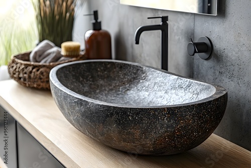 Elegant stone sink in modern bathroom with minimalist decor and natural elements