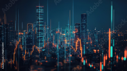 Wallpaper Mural A digital background of stock market charts and graphs with a cityscape at night Torontodigital.ca
