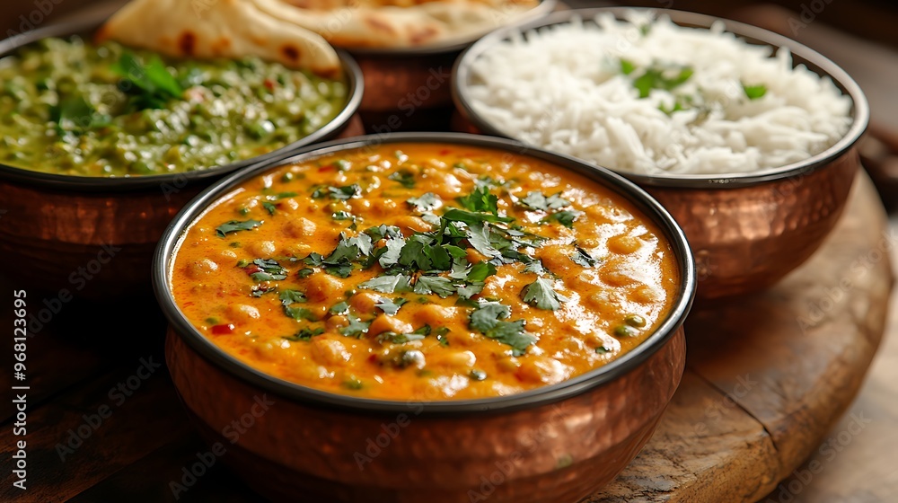 A close-up of a traditional Indian meal with chickpea curry, spinach curry, rice, and naan bread. A close-up of a traditional Indian meal with chickpea curry, spinach curry, rice, and naan bread.