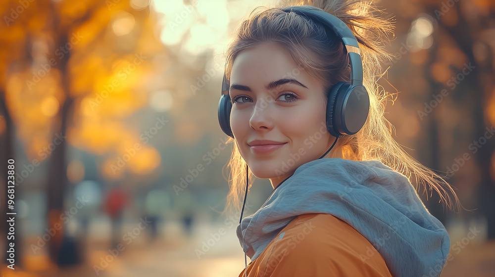 Young Woman Jogging in Autumn Park with Headphones Young Woman Jogging in Autumn Park with Headphones