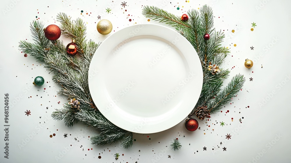 Christmas table setting with empty plate and decorations on white background Christmas table setting with empty plate and decorations on white background
