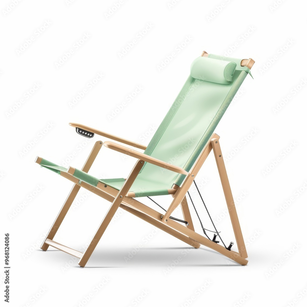 A green beach chair with a wooden frame and a pillow A green beach chair with a wooden frame and a pillow