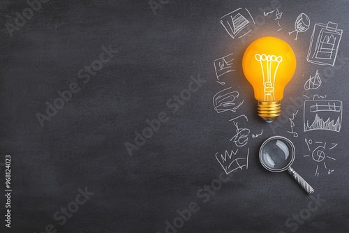 Bright idea concept with glowing light bulb, magnifying glass, and hand-drawn business doodles on a chalkboard. Perfect for presentations, brainstorming, and creative problem-solving visuals.