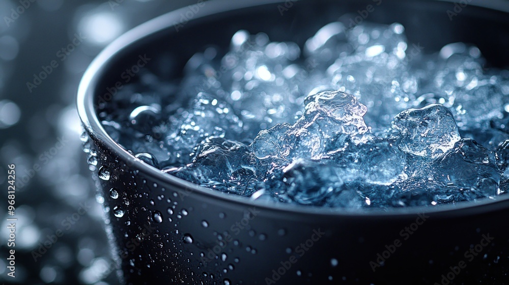 A close-up of a bowl filled with ice cubes and water droplets. A close-up of a bowl filled with ice cubes and water droplets.