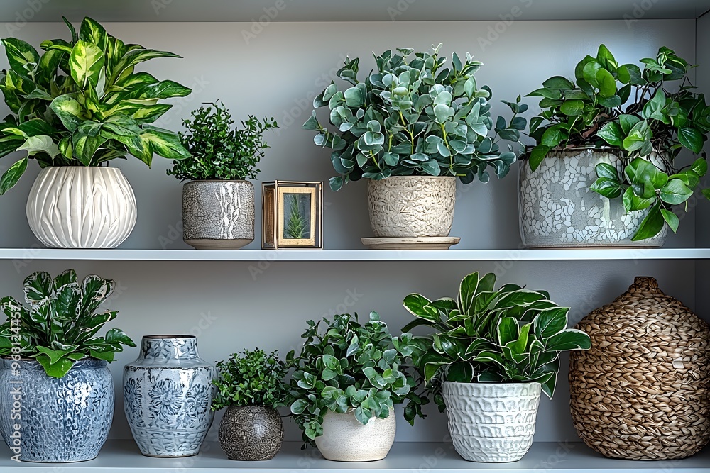 Elegant indoor plant arrangement on shelves with diverse pottery Elegant indoor plant arrangement on shelves with diverse pottery