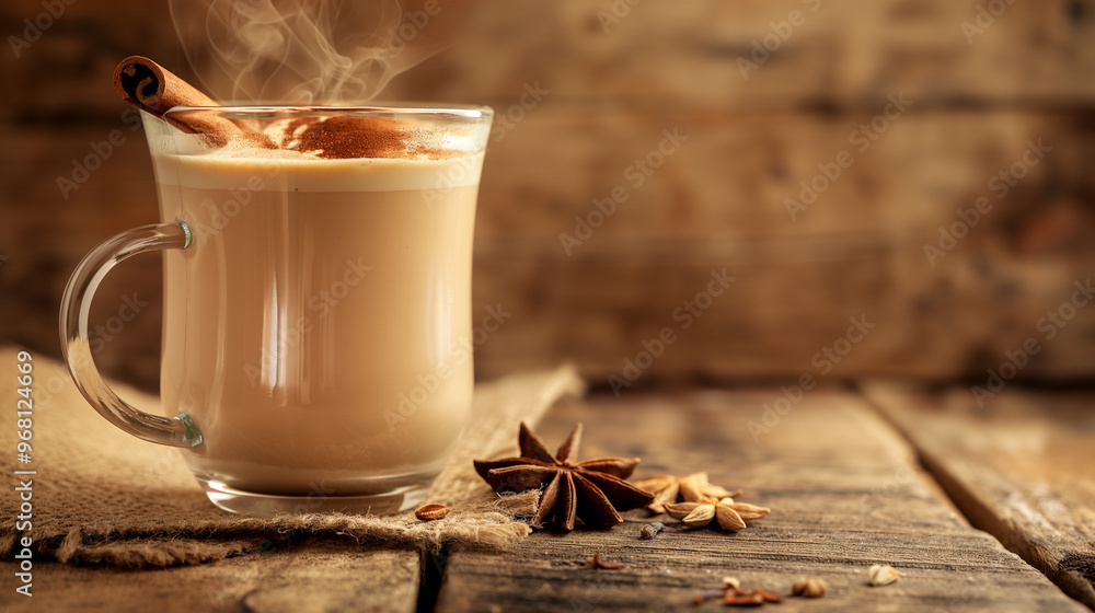 custom made wallpaper toronto digitalA steaming chai tea latte with a cinnamon stick and star anise floating on top, served in a glass mug. The background is a rustic kitchen with wooden beams and warm lighting.