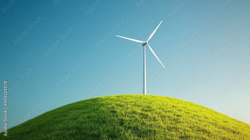 Fototapeta premium Single wind turbine on a grassy hill with a blue sky, representing renewable energy and sustainability. Perfect for environmental projects, clean energy concepts, and eco-friendly campaigns.